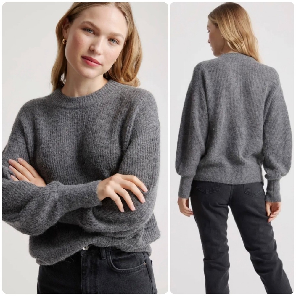 Quince Womens Baby Alpaca Wool Blend Ribbed Crew Neck Sweater Charcoal Size XS